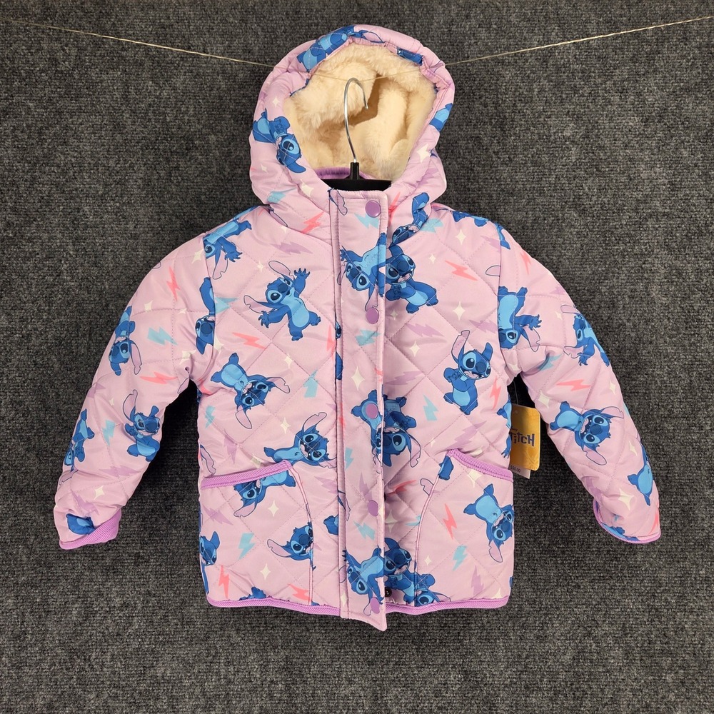 Disney Stitch Quilted Hooded Puffer Jacket Kids Size 3 Pink Midweight NEW